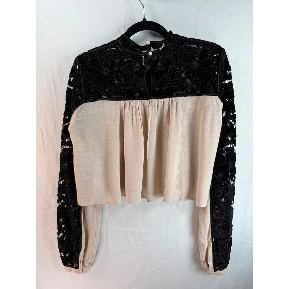 Velvet Lace Free People Crop‎ Top Long Sleeve Black Cream Boho Victorian Blouse